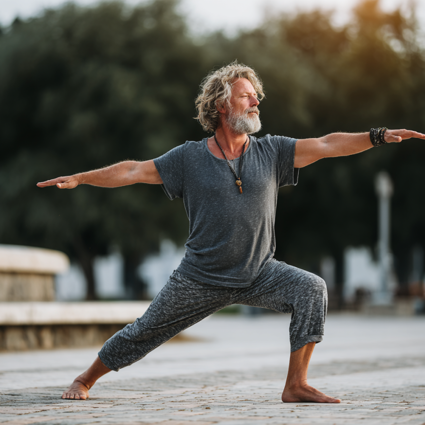 Пожила жінка займається йогою