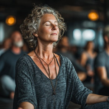 Група людей поважного віку займається йогою